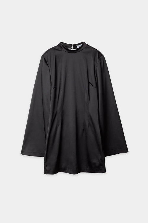 Bernalda dress shiny fabric short semi fitted  collar stand neckline thin shoulder pads flared full length sleeves black stylein packshot