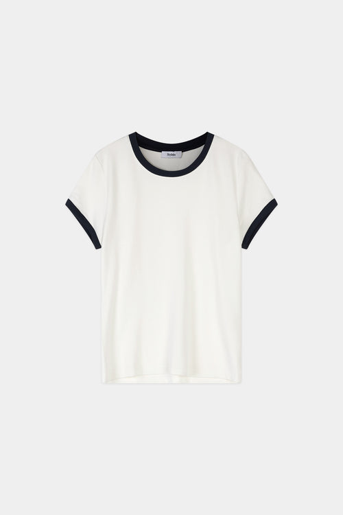 White t-shirt navy trim stylein cleo front model image