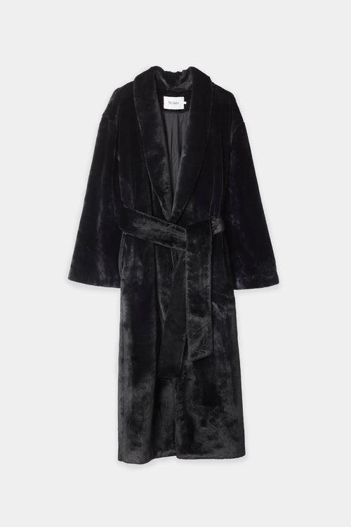 Hermina coat faux fur one piece shawl collar full length sleeves belted waits black stylein packshot