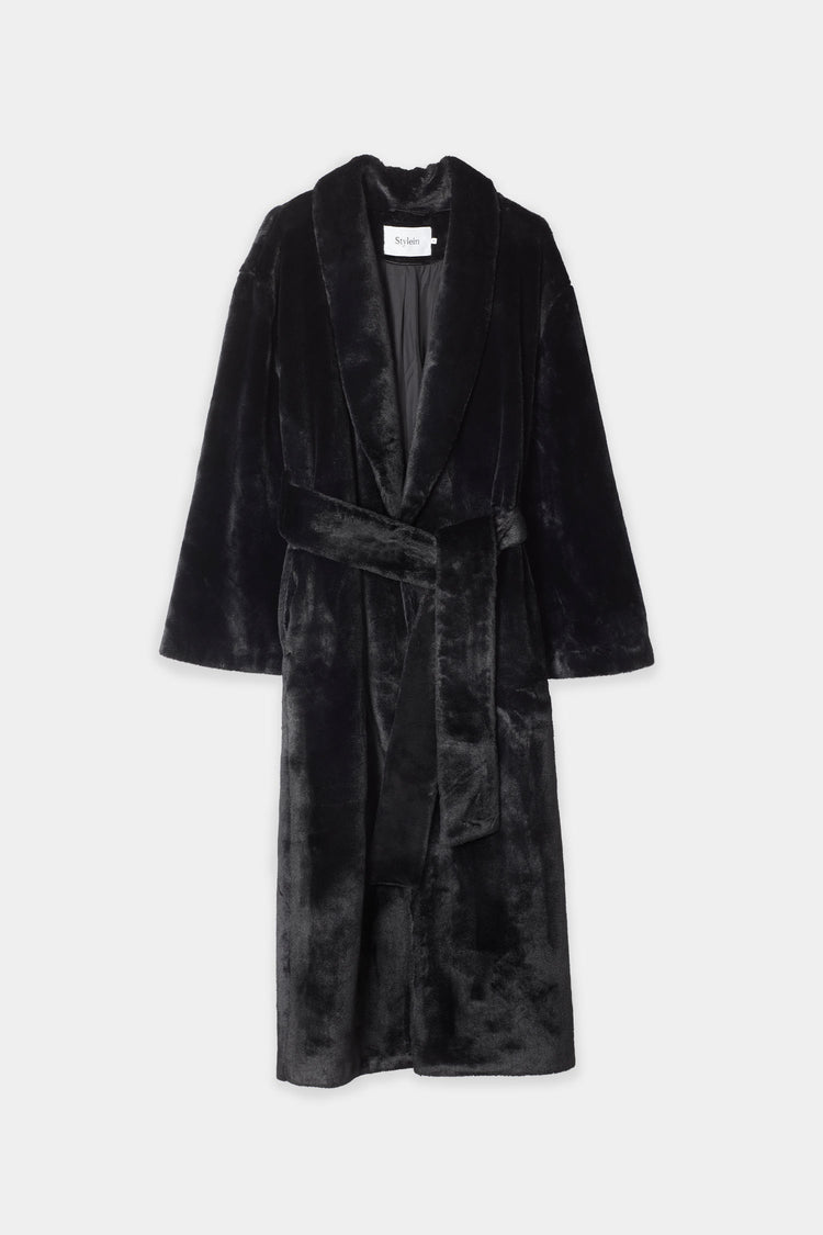 Hermina coat faux fur one piece shawl collar full length sleeves belted waits black stylein packshot