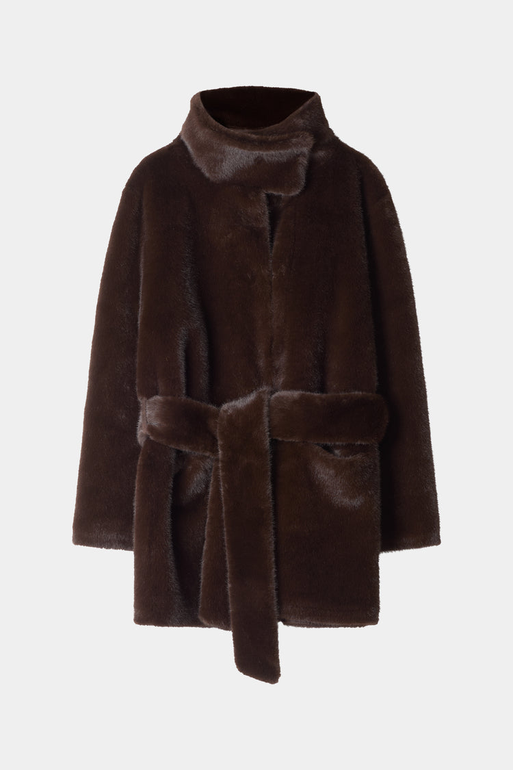 Hilani faux fur short coat dark brown stylein packshot