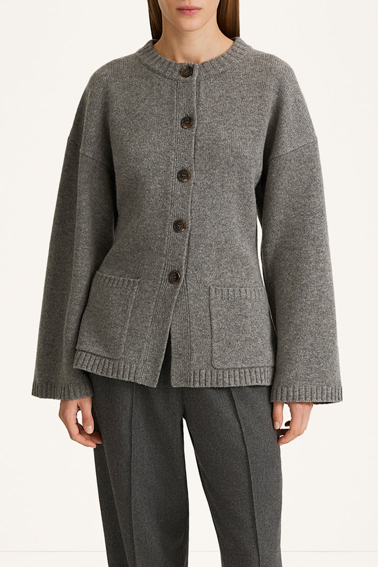 wool cardigan tailored waist Houlia cardigan grey stylein front