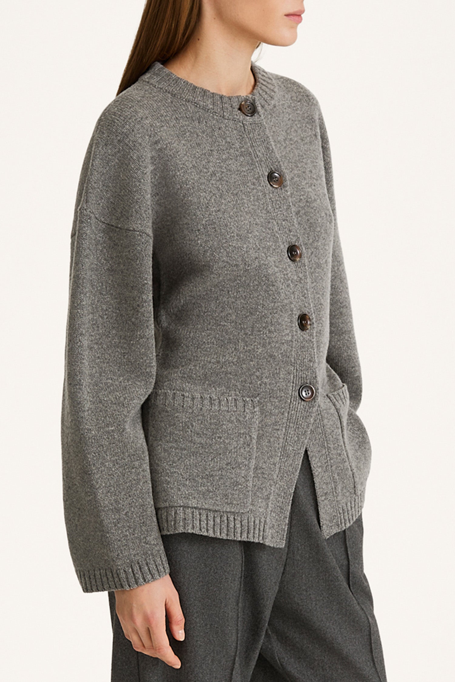 wool cardigan tailored waist Houlia cardigan grey stylein details