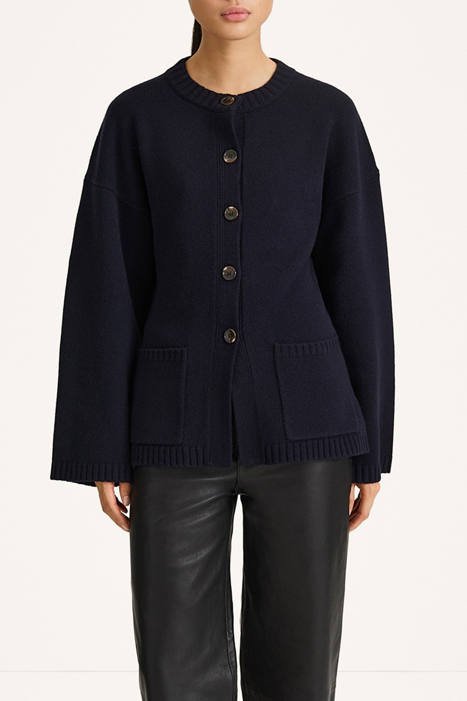 knitted navy cardigan cinched waist stylein houlia close up