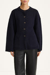 knitted navy cardigan cinched waist stylein houlia close up
