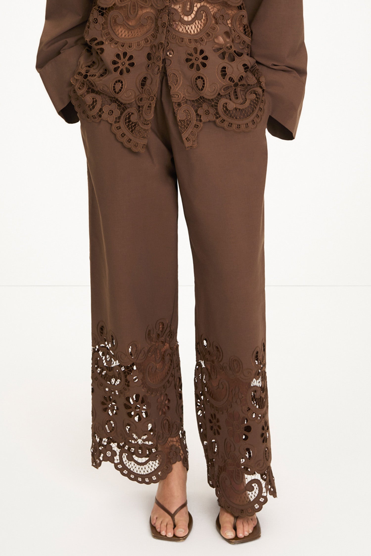 Jamie trousers broderie anglaise coffee brown model image front close