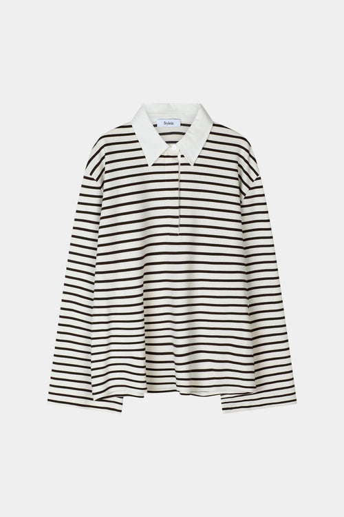 Janelle top oversized t-shirt long sleeve brown white stripe collar stylein model image front