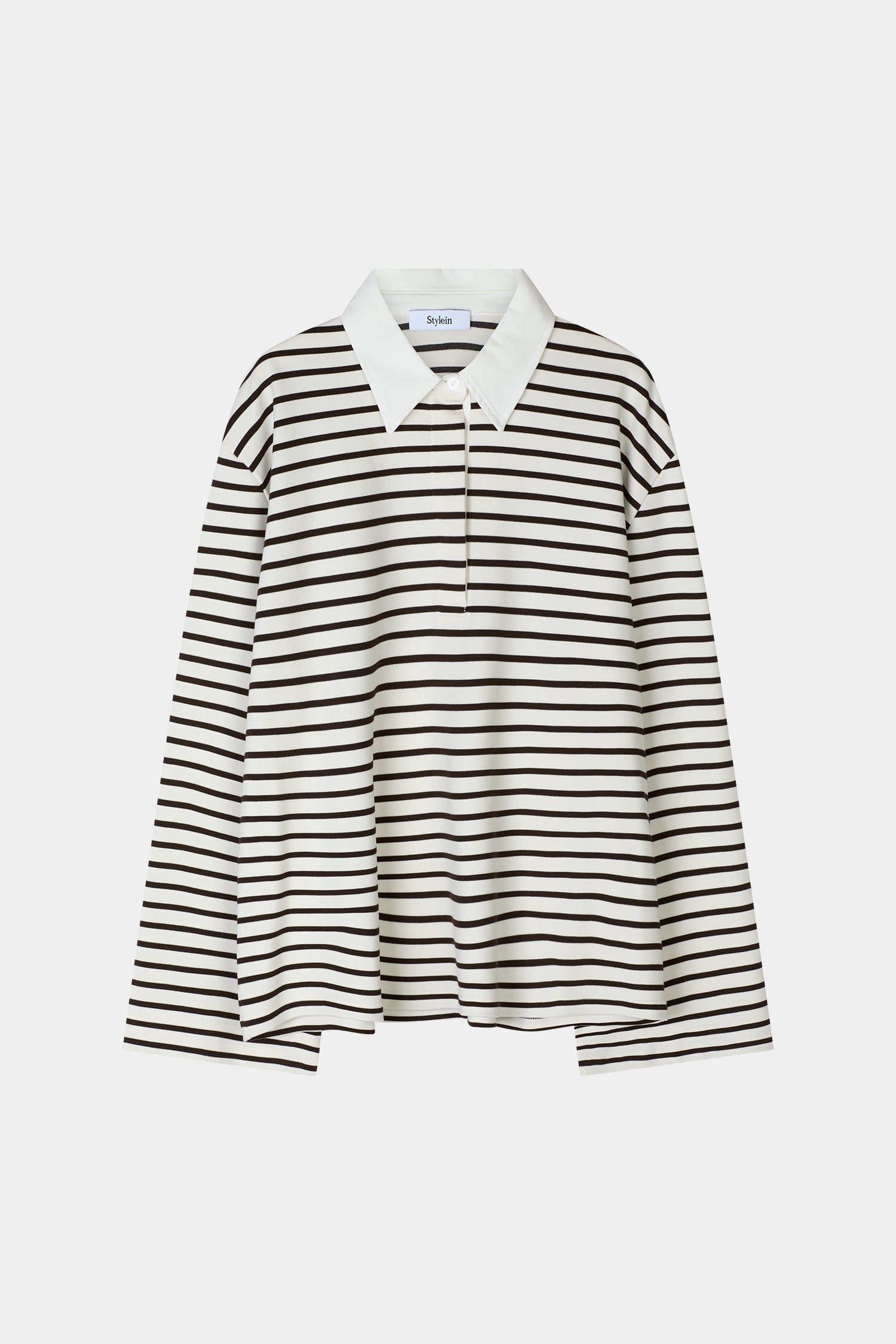 Janelle top oversized t-shirt long sleeve brown white stripe collar stylein packshot