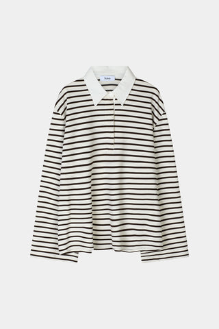 Janelle top oversized t-shirt long sleeve brown white stripe collar stylein packshot