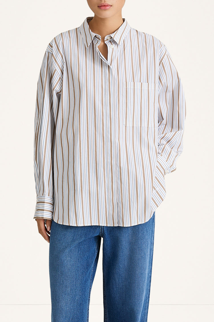 Jansell shirt taupe stripe stylein model image front close