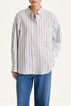 Jansell shirt taupe stripe stylein model image front close