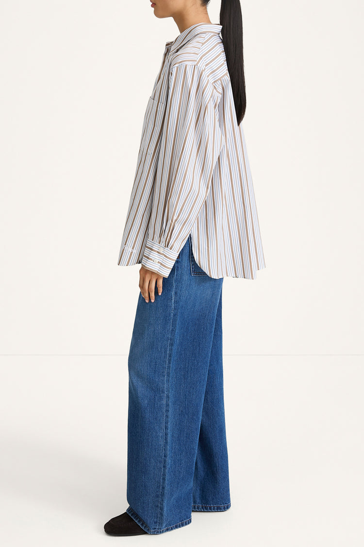 Jansell shirt taupe stripe stylein model image side