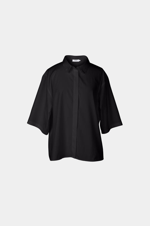 Jensen shirt short sleeved button down cropped length relaxed fit black stylein packshot