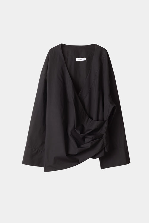 Johnny shirt voluminous v neckline overlapping front panels plates wide cuffs long sleeves black stylein packshot