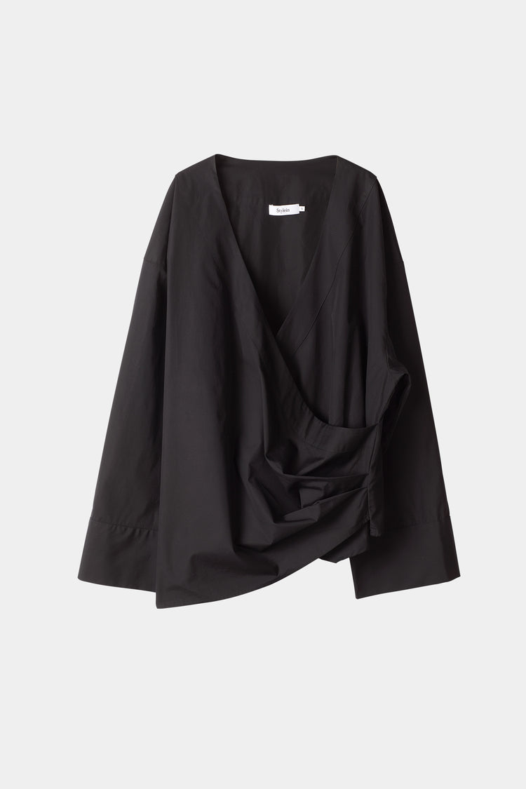 Johnny shirt voluminous v neckline overlapping front panels plates wide cuffs long sleeves black stylein packshot