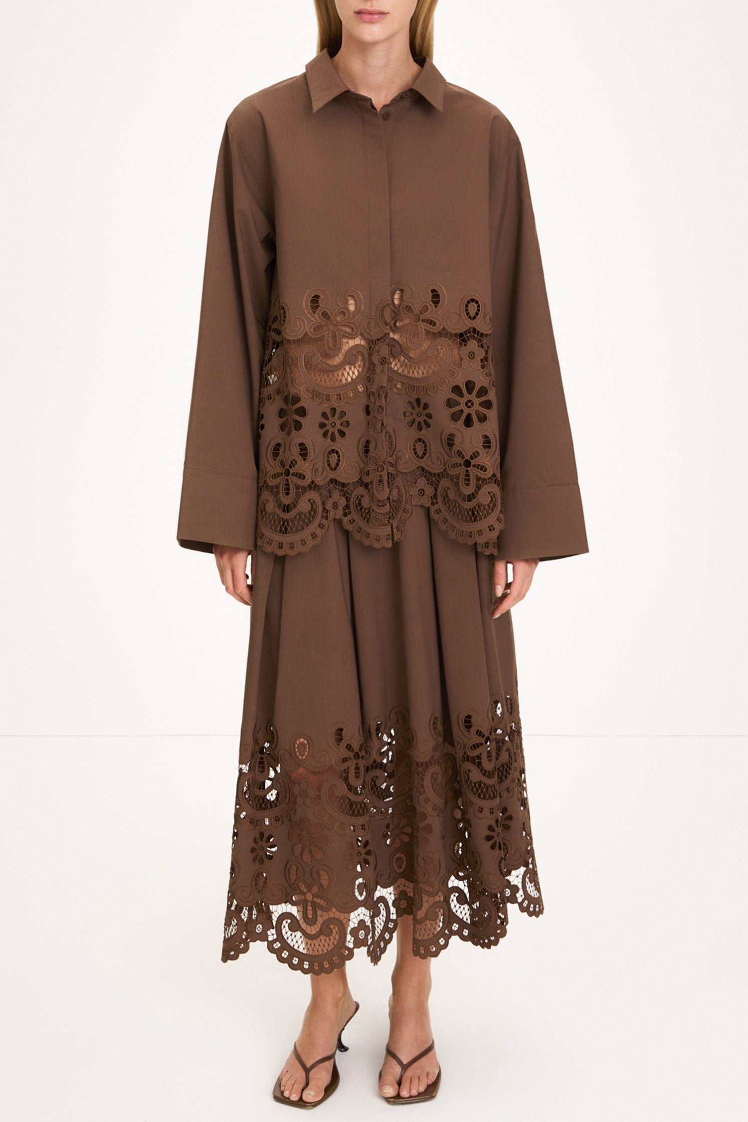 Jorah long skirt broderie anglaise coffee brown stylein model image front