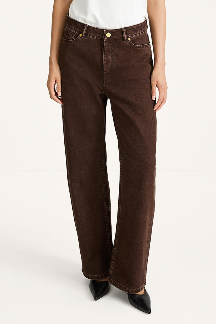 Keanu denim trousers barrel coffee stylein model image front close