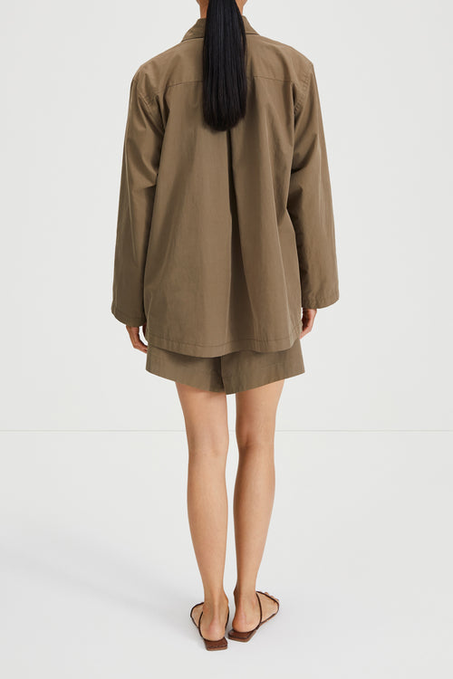 Stan jacket flared wide full length sleeves collar pockets army green stylein back image