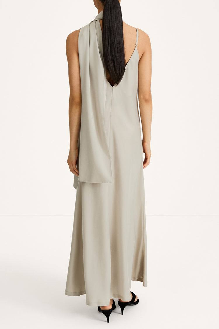 maxi slip dress in sage green with a scarf stylein macena back