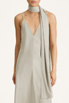 maxi slip dress in sage green with a scarf stylein macena detail
