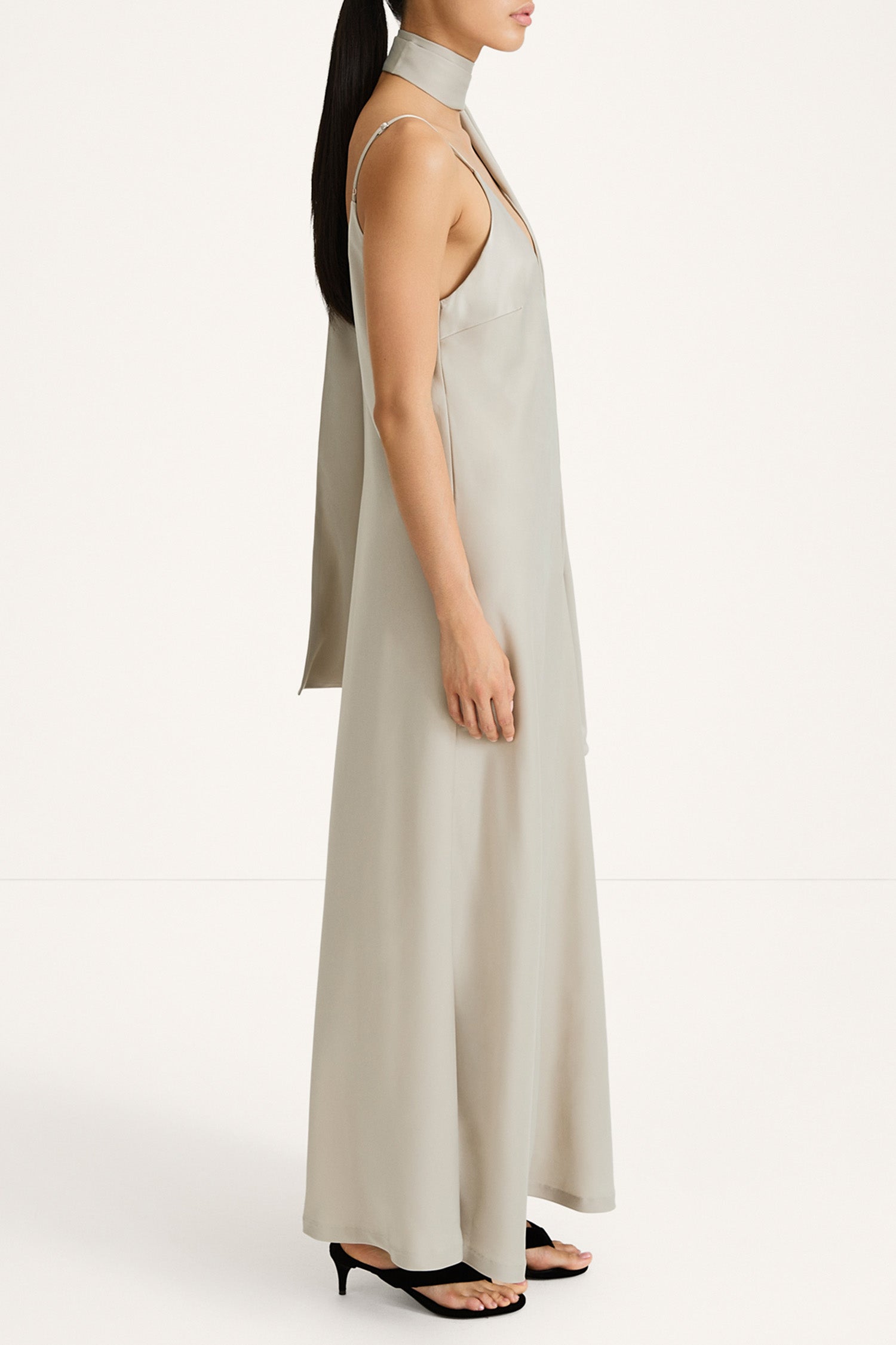 maxi slip dress in sage green with a scarf stylein macena side