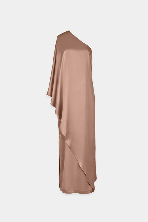 Magdalena dress straight fitted one shoulder full length draping detail shiny fabric taupe stylein packshot