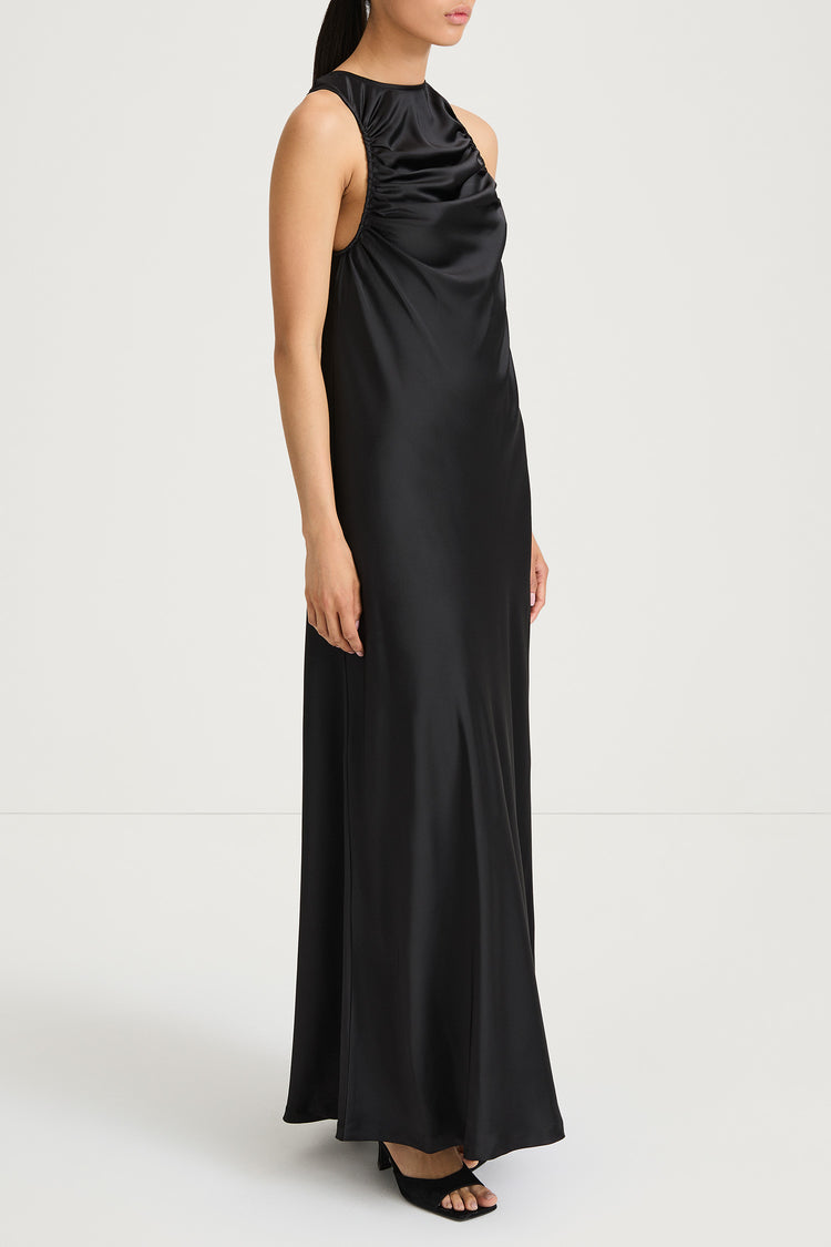 Mairie maxi long satin dress black stylein model image side