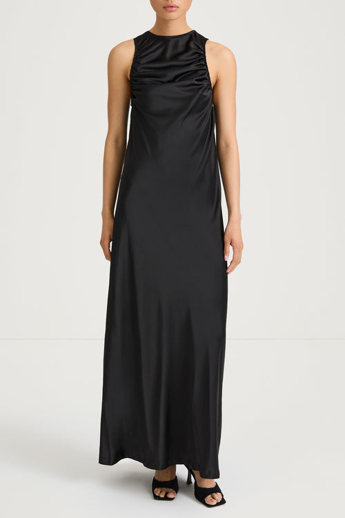 Mairie maxi long satin dress black stylein model image front