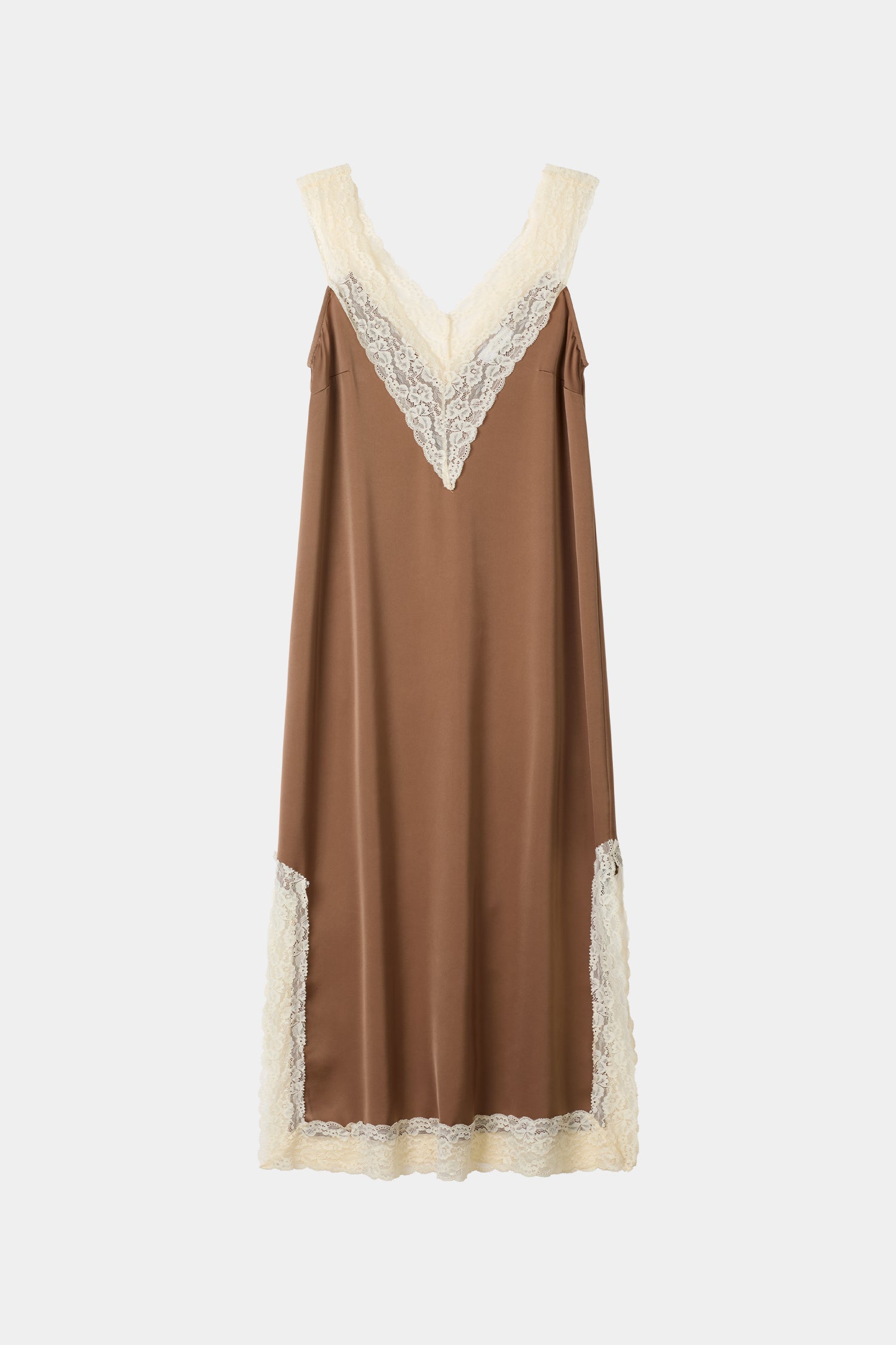 Malea hazel brown v-neck lace trim dress packshot