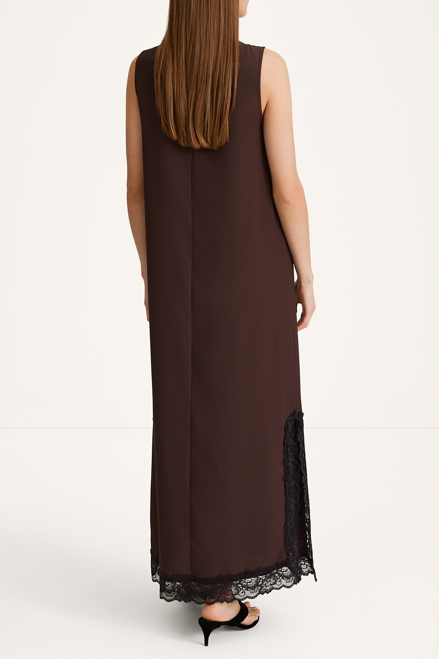 Malea long sleeveless dress lace details coffee brown stylein model image back