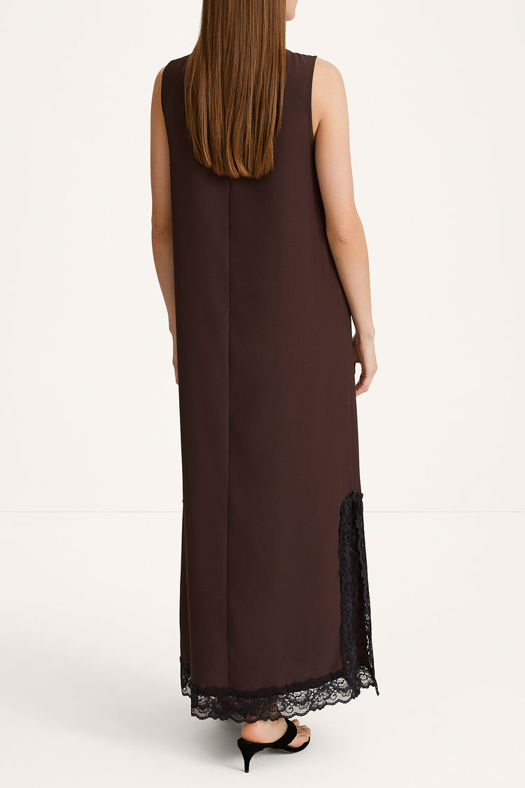 Malea long sleeveless dress lace details coffee brown stylein model image back