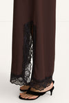 Malea long sleeveless dress lace details coffee brown stylein model image side close