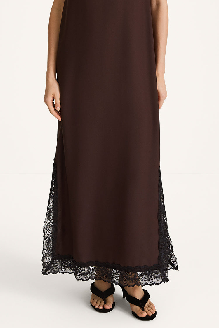 Malea long sleeveless dress lace details coffee brown stylein model image front close lace