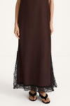 Malea long sleeveless dress lace details coffee brown stylein model image front close lace