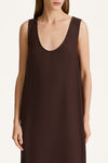 Malea long sleeveless dress lace details coffee brown stylein model image front close