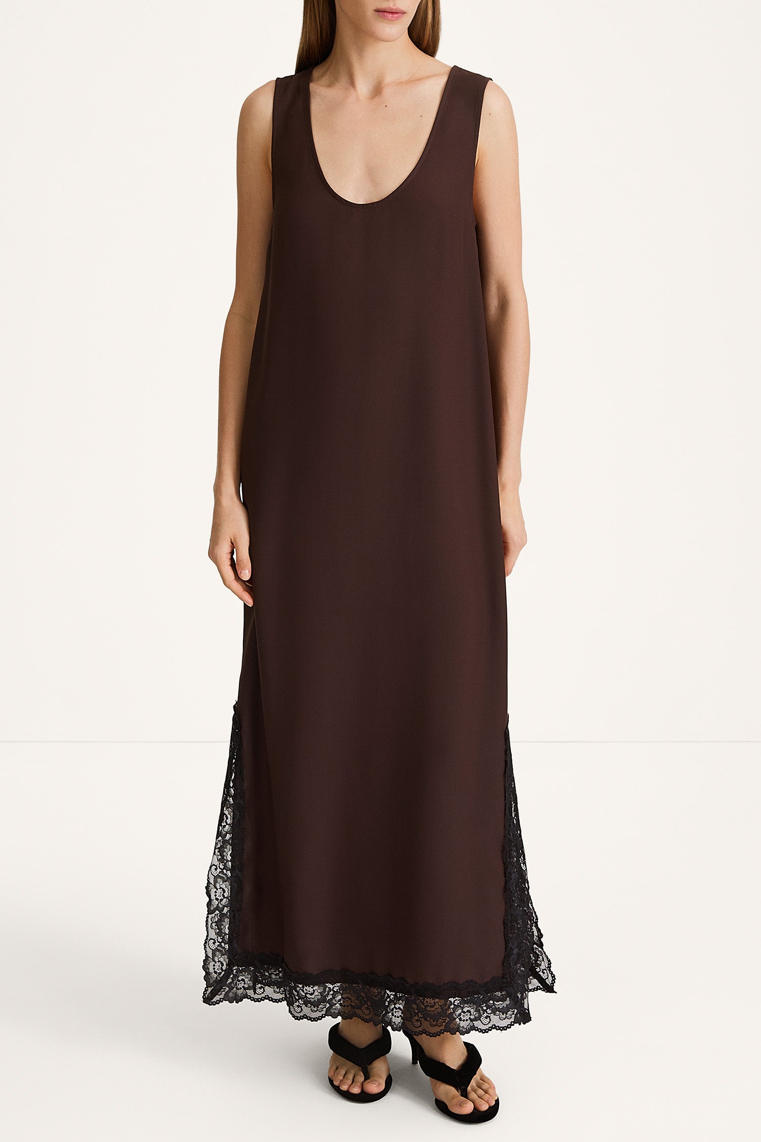 Malea long sleeveless dress lace details coffee brown stylein model image front 