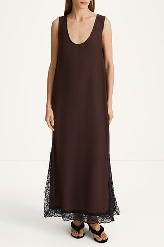 Malea long sleeveless dress lace details coffee brown stylein model image front 
