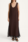 Malea long sleeveless dress lace details coffee brown stylein model image front 