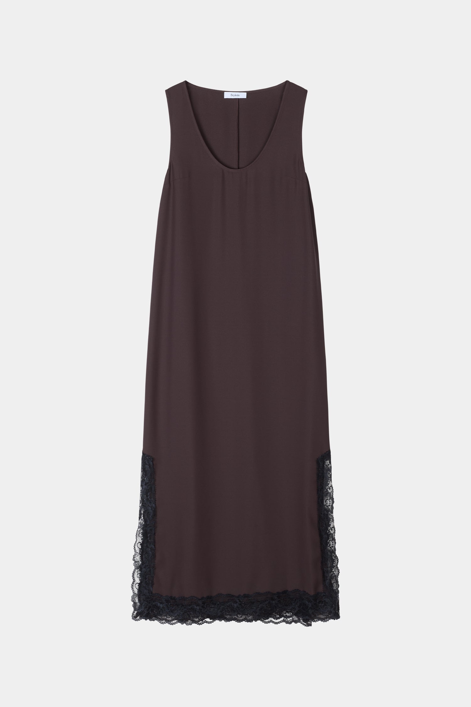 Malea long sleeveless dress lace details coffee brown stylein packshot