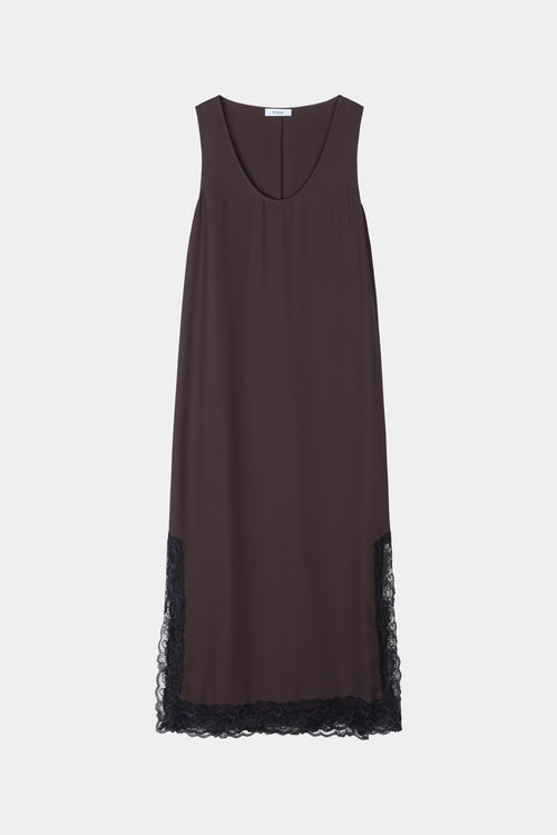 Malea long sleeveless dress lace details coffee brown stylein model image front 
