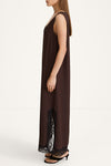 Malea long sleeveless dress lace details coffee brown stylein model image side