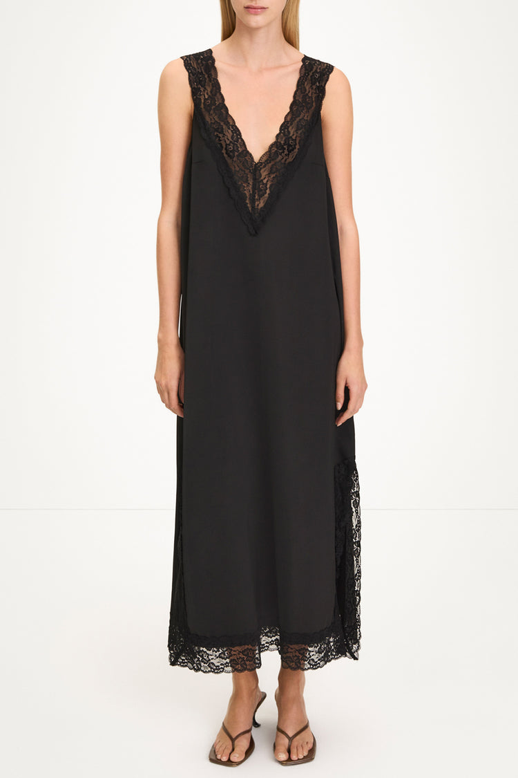Malea black v-neck lace trim dress model image front