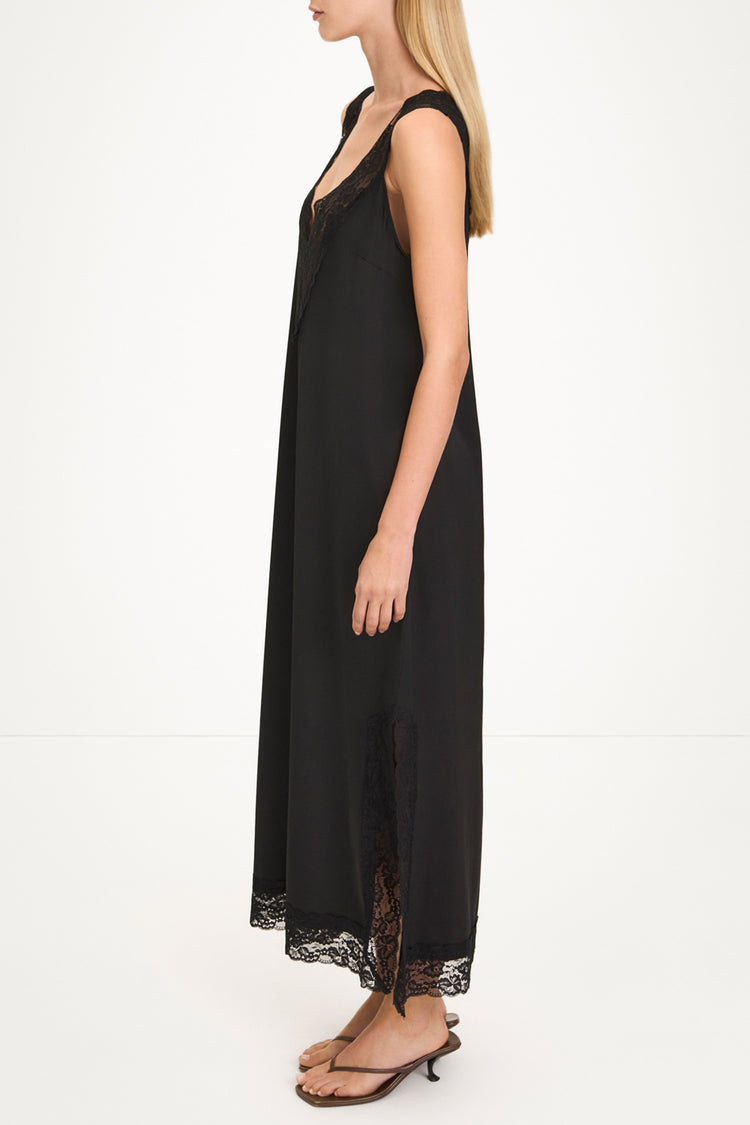 Malea black v-neck lace trim dress model image side