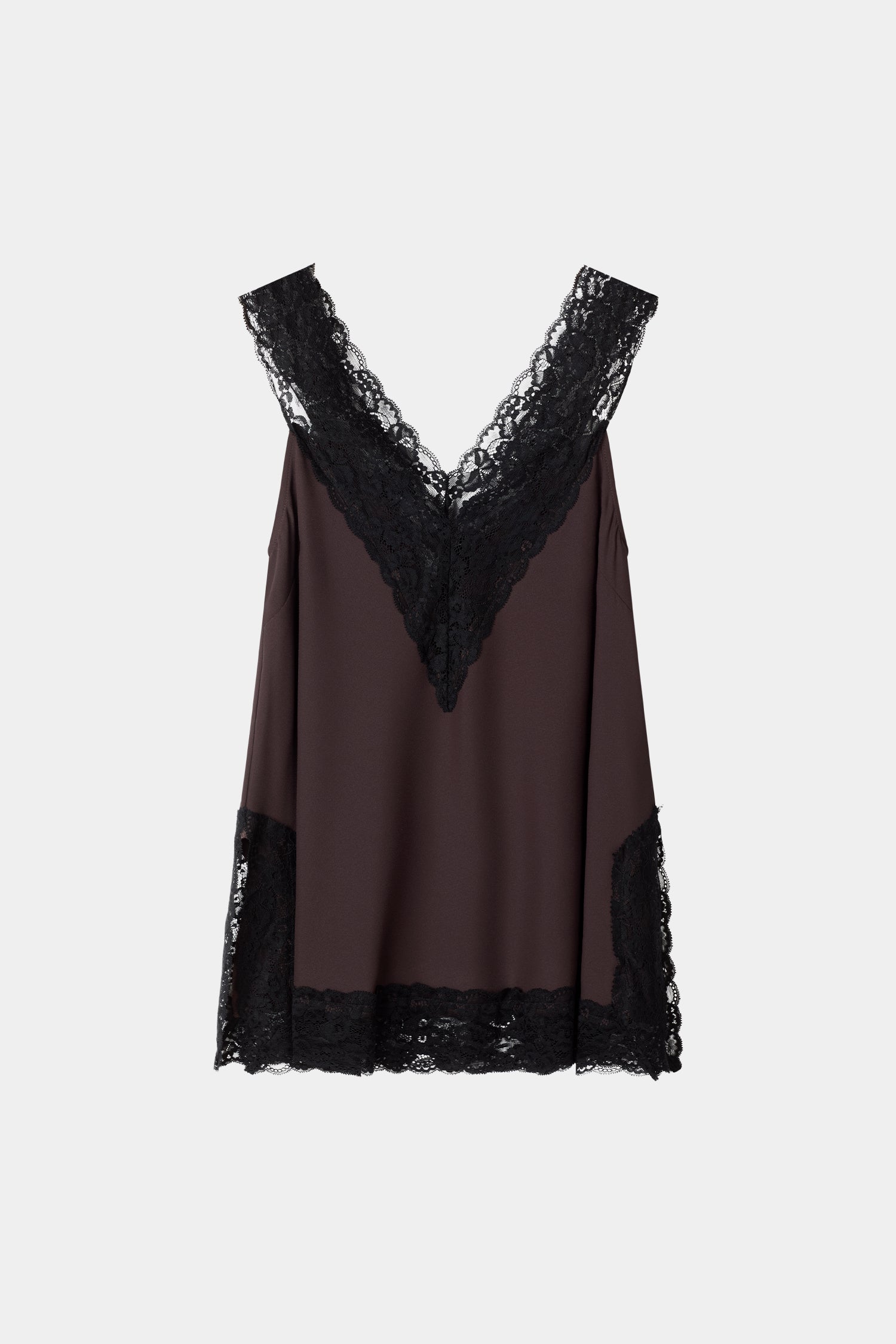 Miette coffee brown crepe v-neck sleveless top black lace stylein packshot