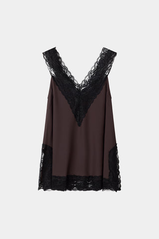 Miette coffee brown crepe v-neck sleveless top black lace stylein packshot