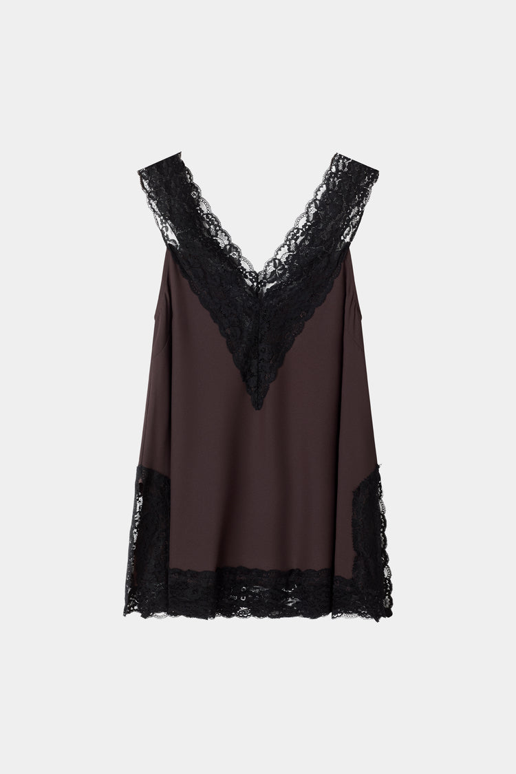 Miette coffee brown crepe v-neck sleveless top black lace stylein packshot