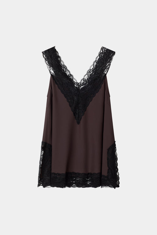 Miette coffee brown crepe v-neck sleveless top black lace stylein packshot