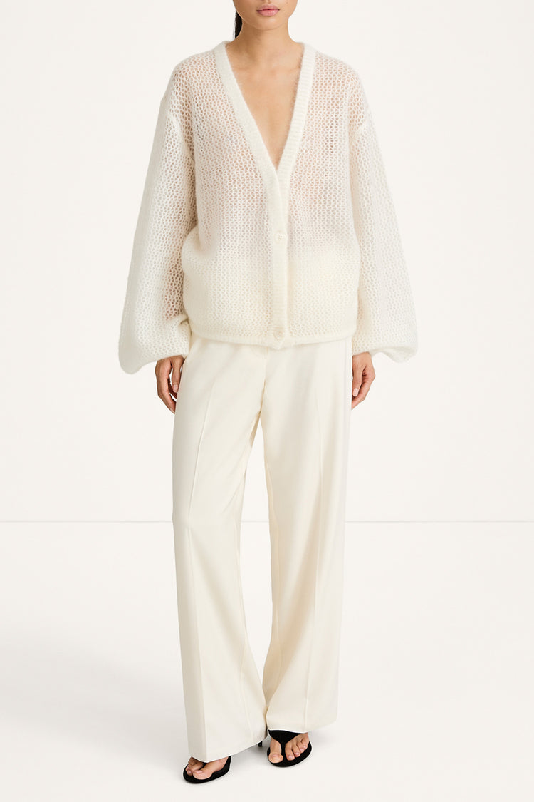 Nasira v-neck pointelle knit cardigan white stylein front