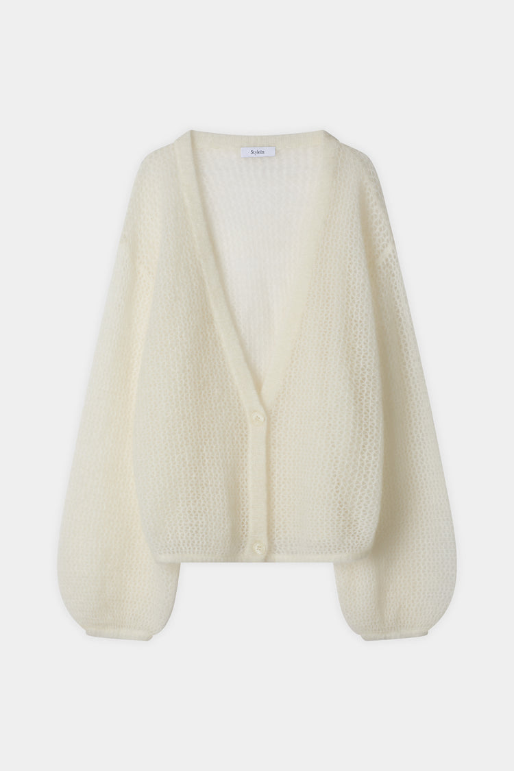 Nasira v-neck pointelle knit cardigan white stylein packshot