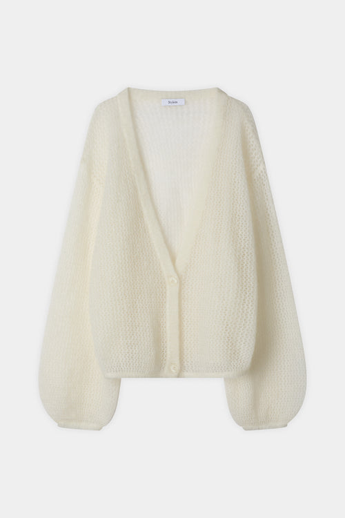 Nasira v-neck pointelle knit cardigan white stylein front